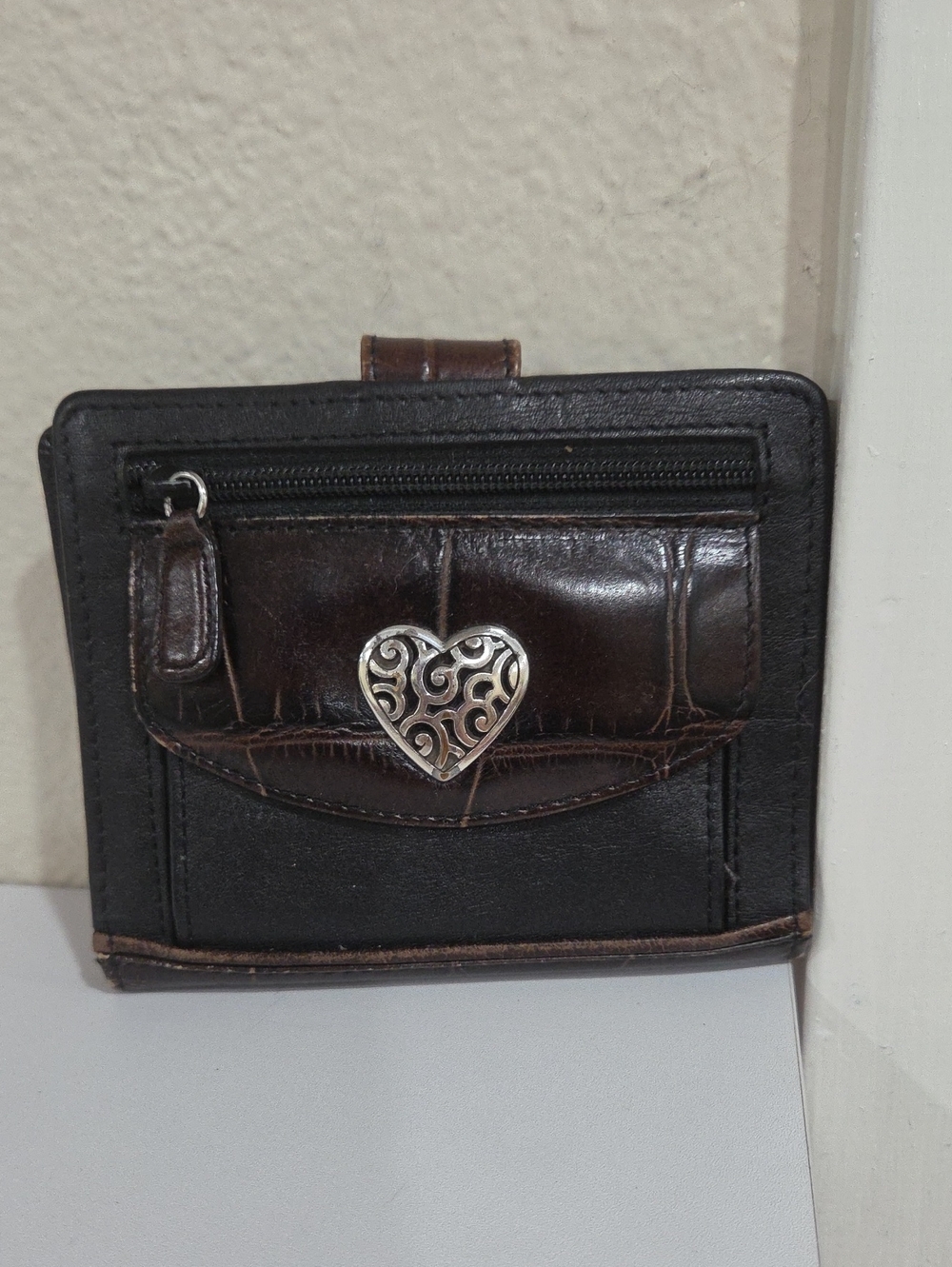 Brighton Brown and Black Leather Wallet with Decorative Silver Heart